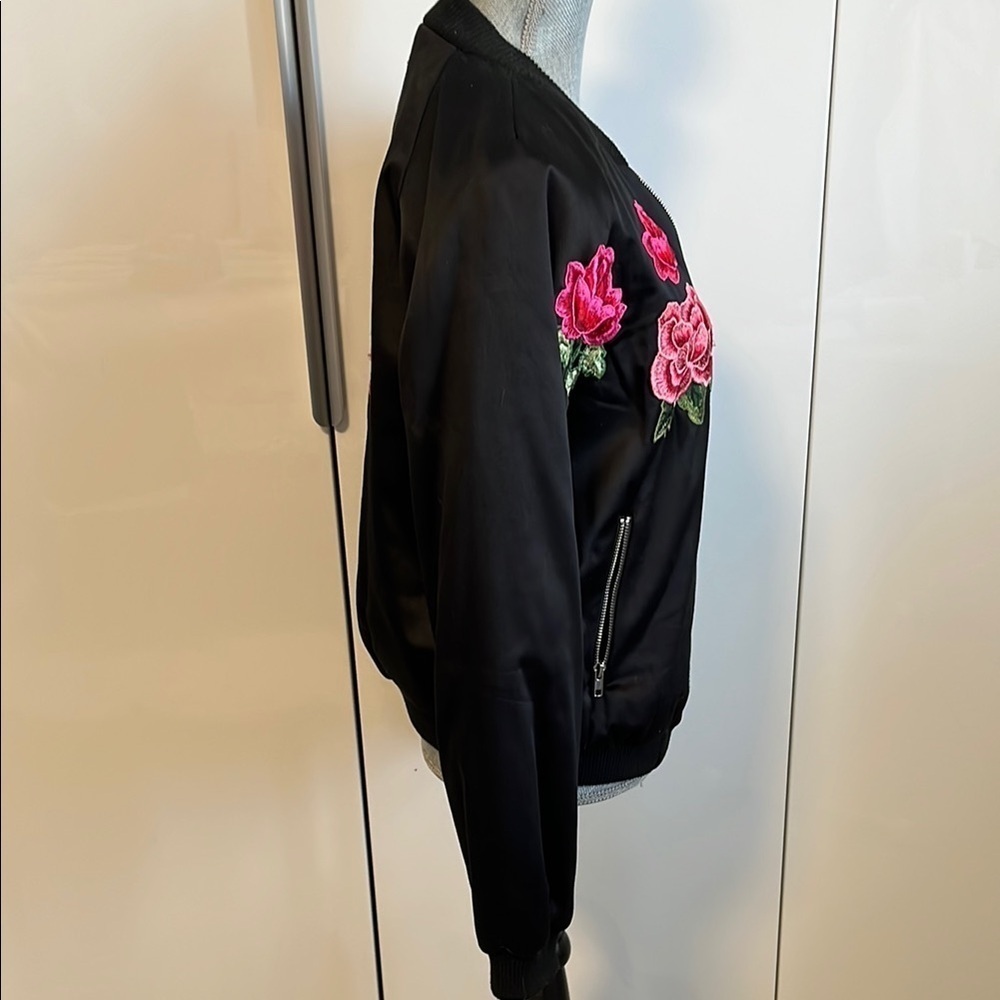 ENDLESS ROSE Floral Embroidered Satiny Bomber Varsity Statement Jacket, Size M - Picture 8 of 13